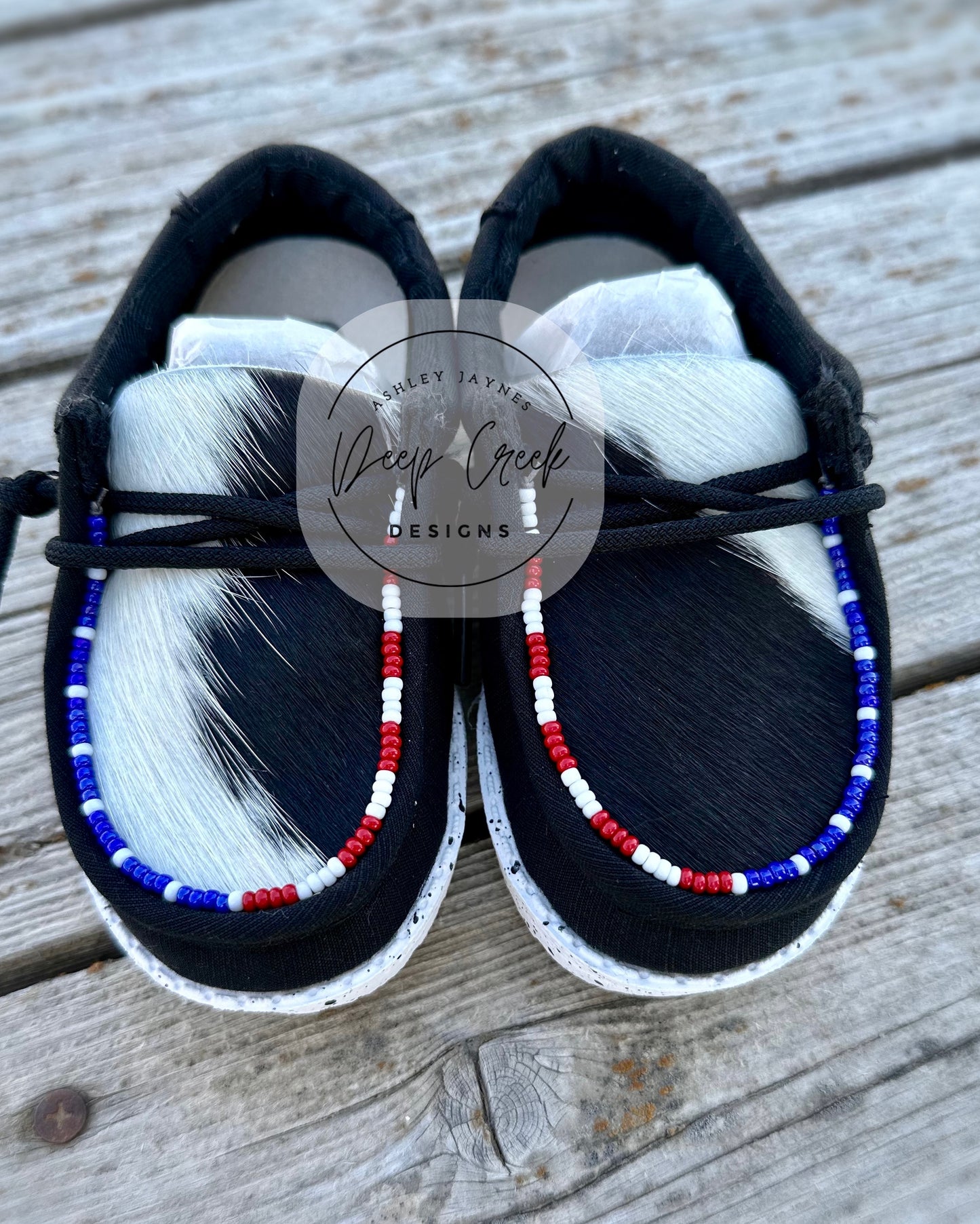 Toddler Black - Black/White Cowhide w/ American Flag Beading