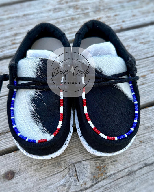 Toddler Black - Black/White Cowhide w/ American Flag Beading