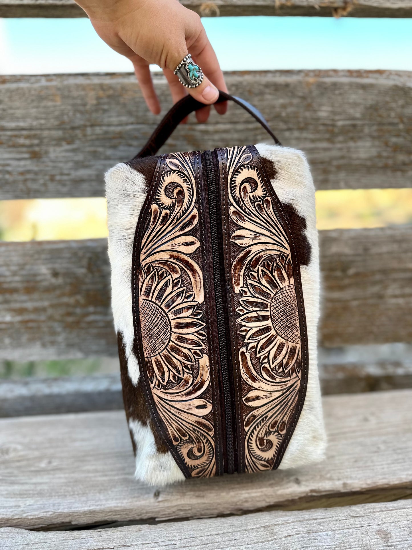 Cowhide & Tooled Leather Toiletry Bag - Large