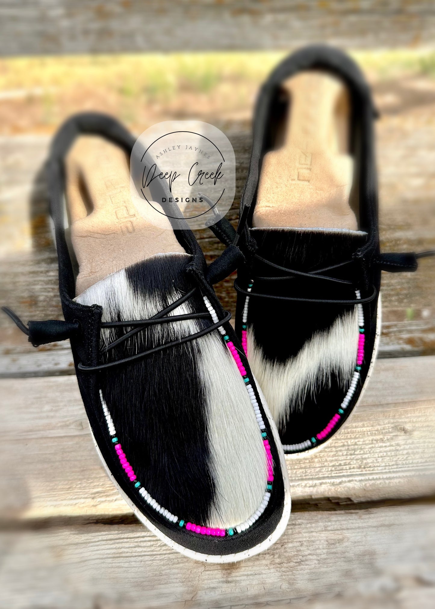 Black Hey Dude Black/White cowhide - Hot Pink beading